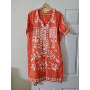 Roller rabbit embroidered linen orange dress S